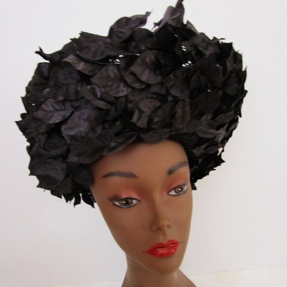 Tall Breton Hat Vintage Black Parasisal Straw Silk Leaves Church - Picture 1 of 10